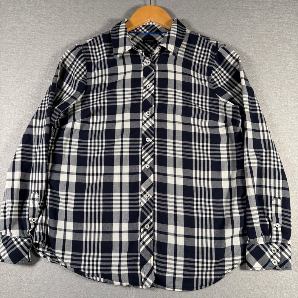 Talbots Petite Medium Navy Blue White Plaid Button Down Shirt VN1427 Long Sleeve